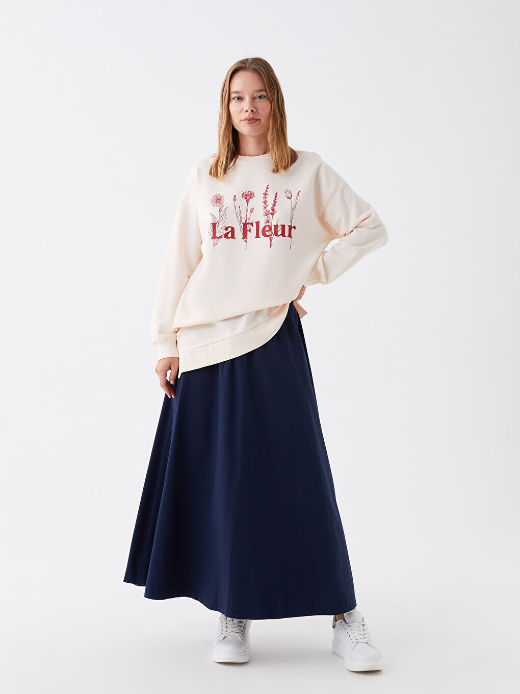 Lacivert Beli Lastikli Rahat Kalıp Kadın Etek