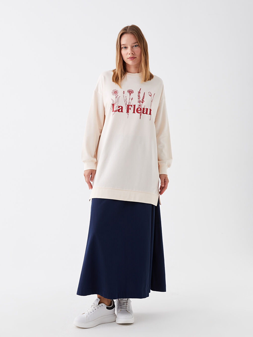 Lacivert Beli Lastikli Rahat Kalıp Kadın Etek-1