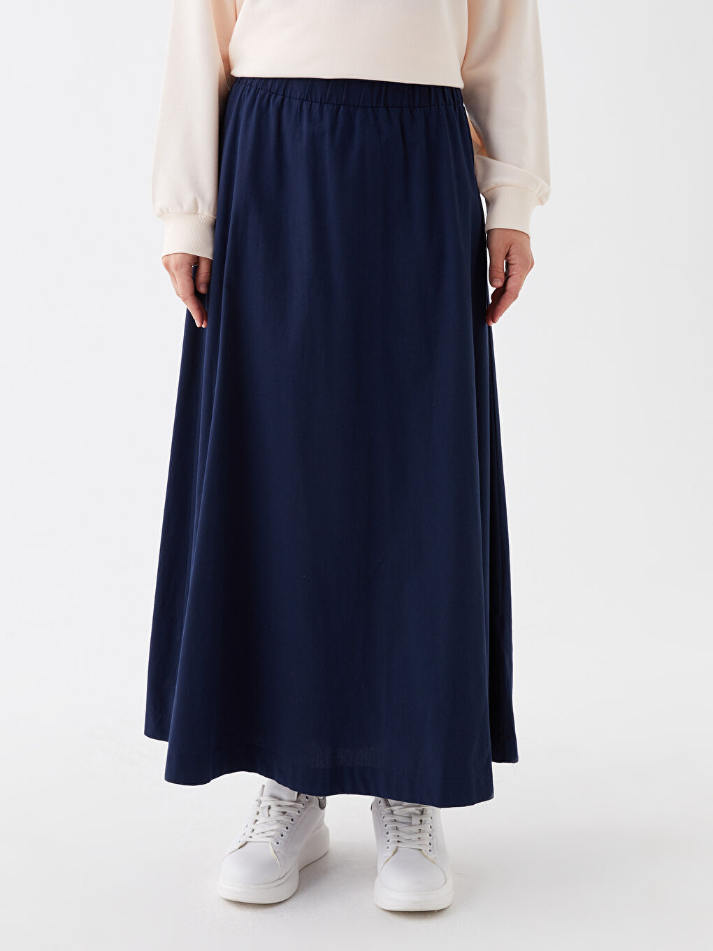Lacivert Beli Lastikli Rahat Kalıp Kadın Etek-2