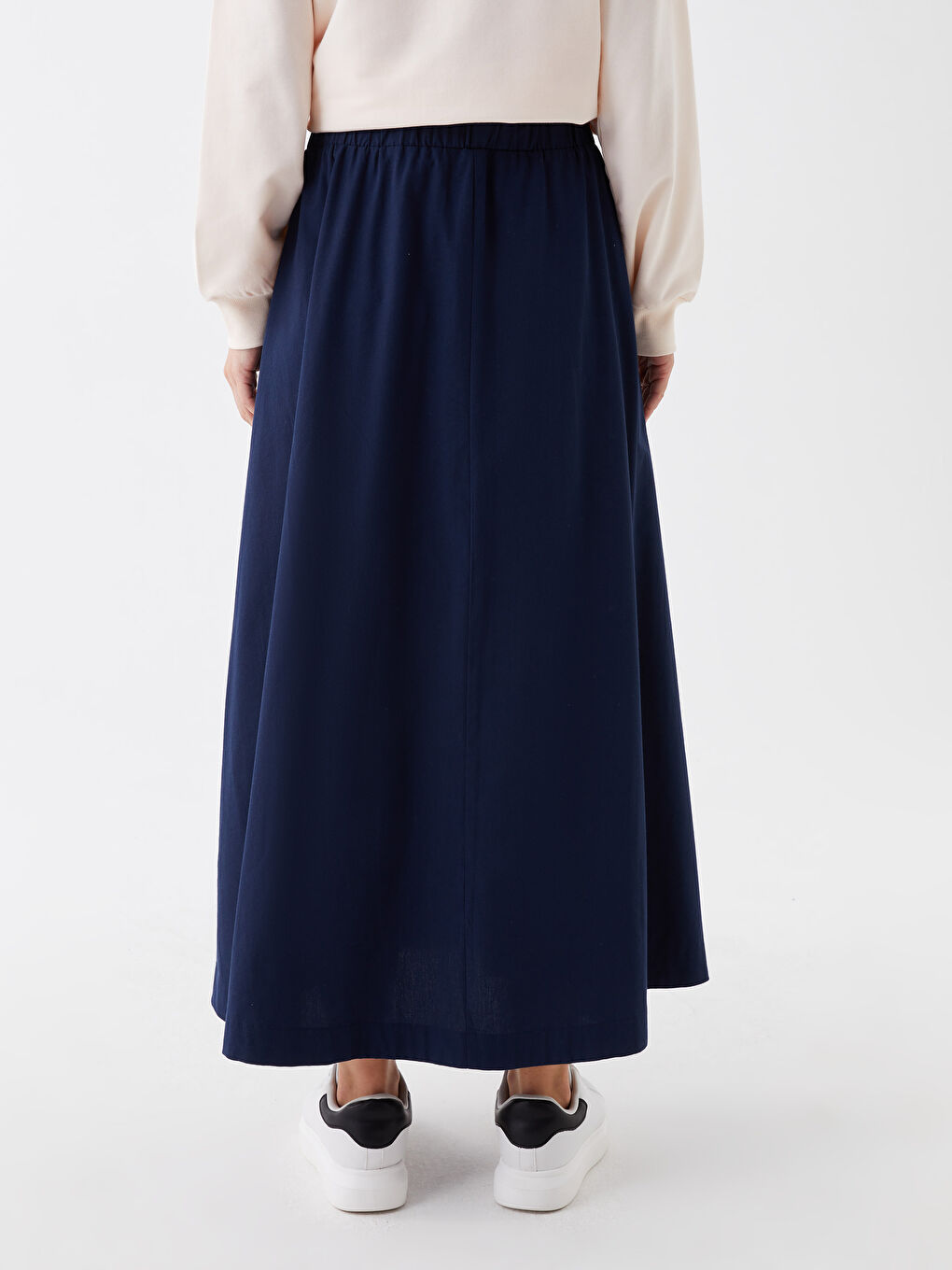 Lacivert Beli Lastikli Rahat Kalıp Kadın Etek-3