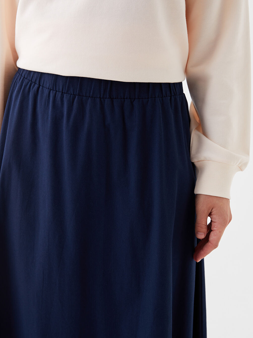 Lacivert Beli Lastikli Rahat Kalıp Kadın Etek-4
