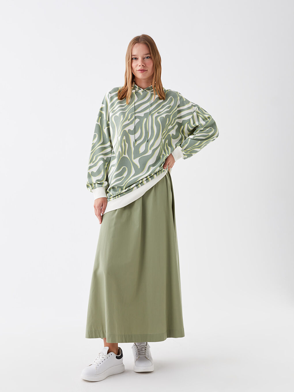 Haki Beli Lastikli Rahat Kalıp Kadın Etek