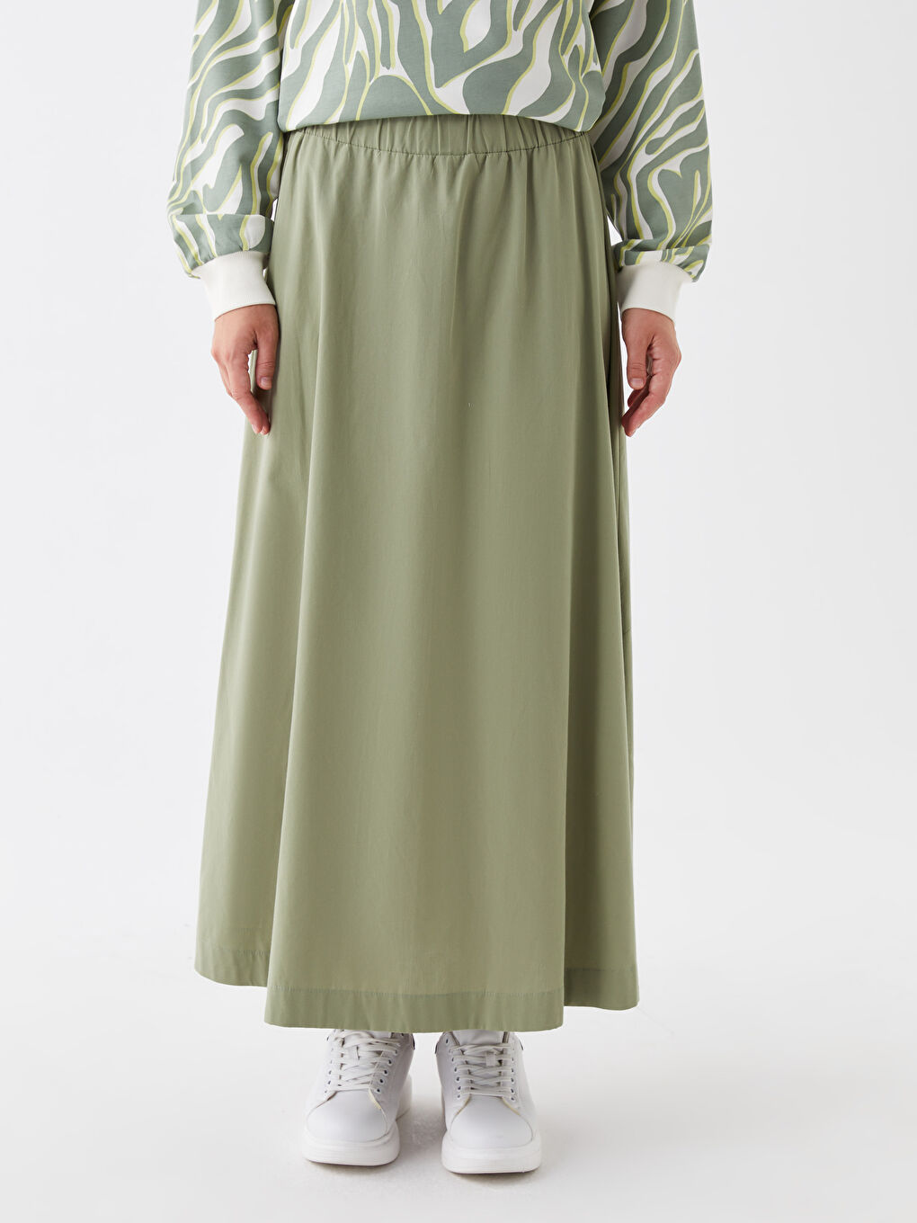 Haki Beli Lastikli Rahat Kalıp Kadın Etek-2