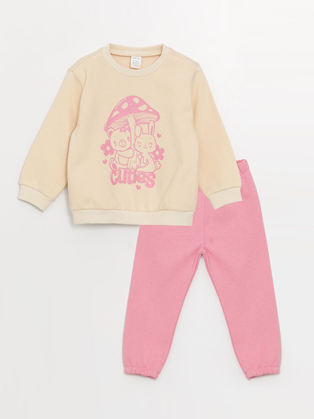 Bej Bisiklet Yaka Uzun Kollu Baskılı Kız Bebek Sweatshirt ve Eşofman Alt 2'li Takım