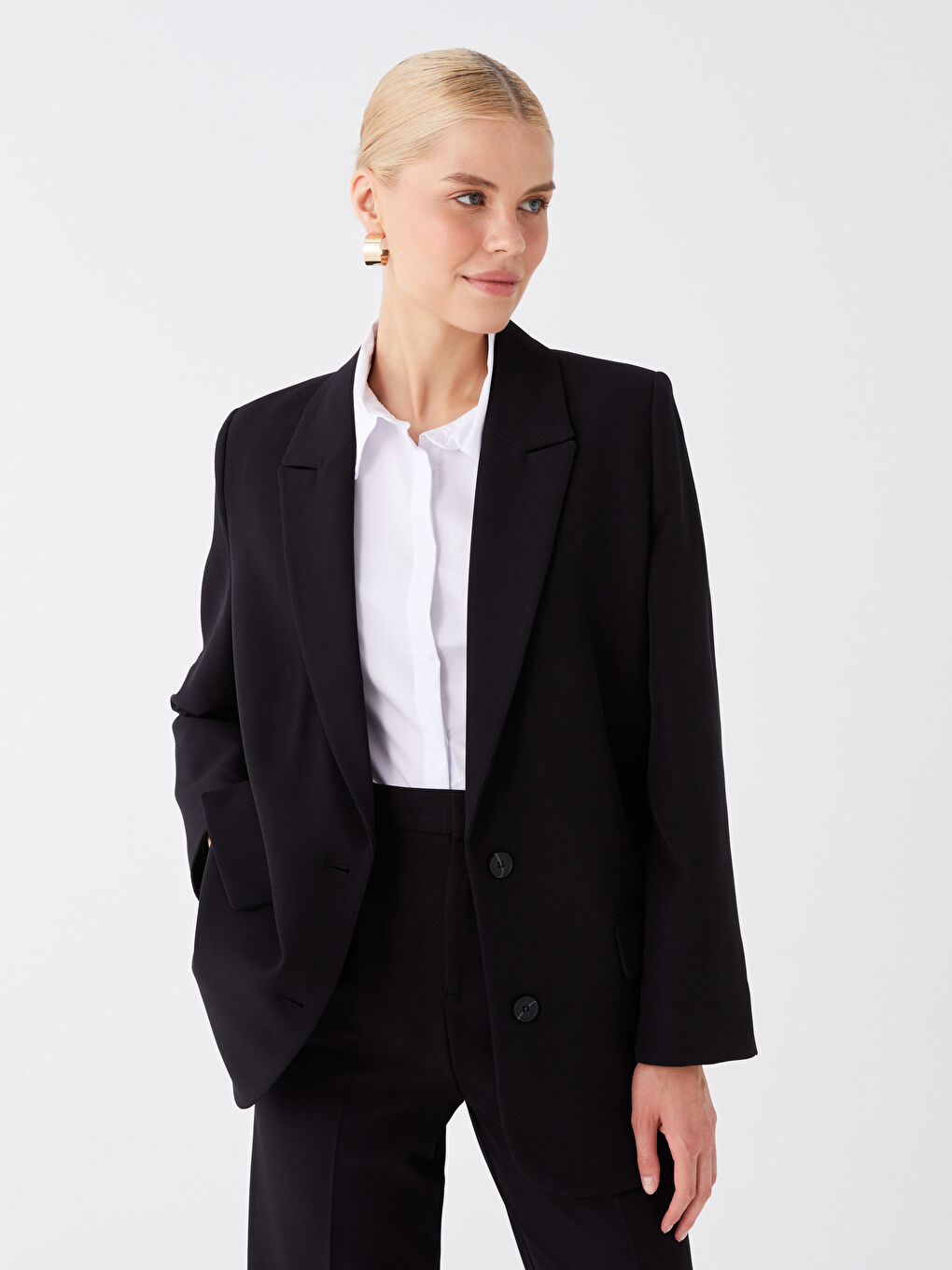 Siyah Düz Uzun Kollu Kadın Blazer Ceket