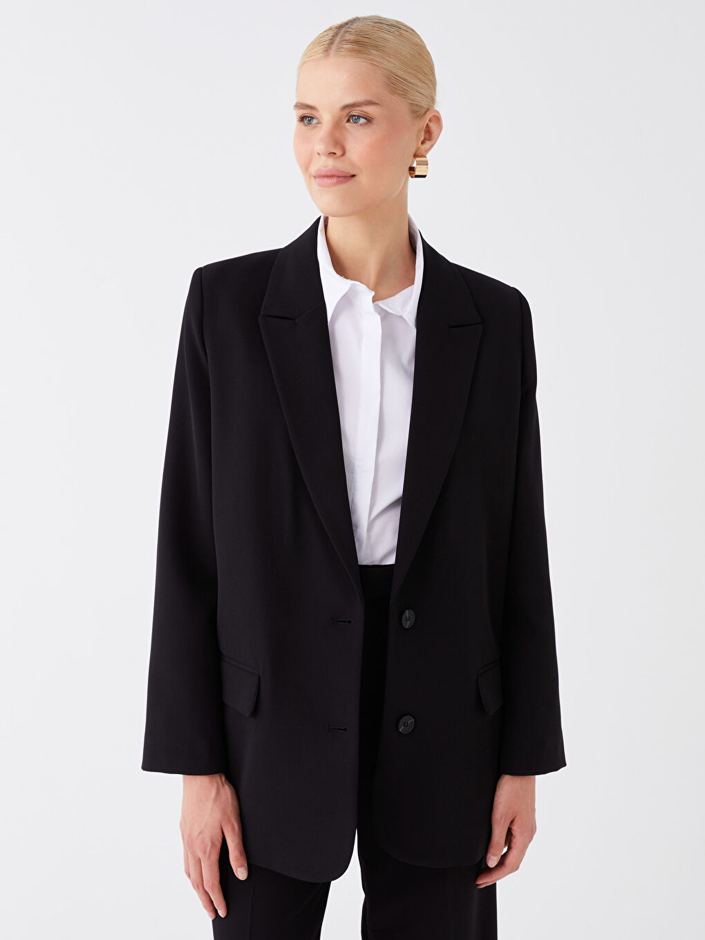 Siyah Düz Uzun Kollu Kadın Blazer Ceket-1