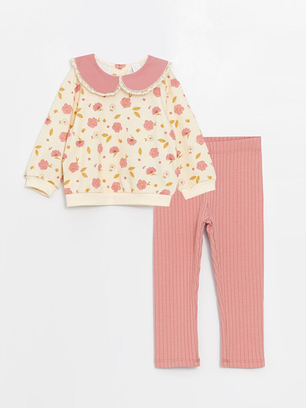 Ekru Bebe Yaka Uzun Kollu Desenli Kız Bebek Sweatshirt ve Tayt 2'li Takım