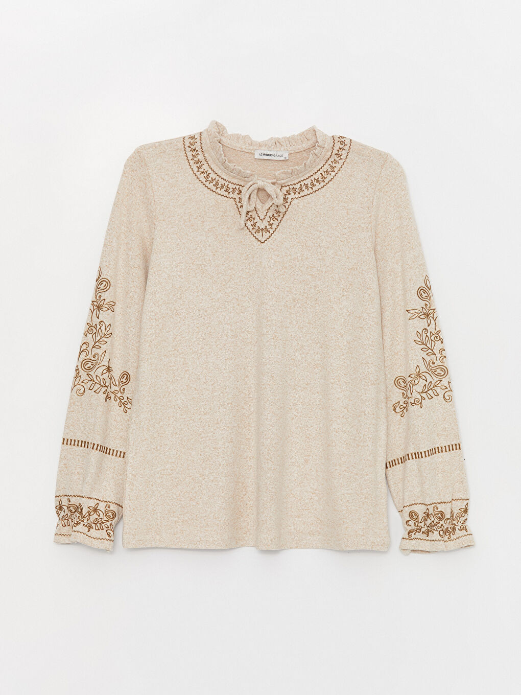 Bej Bağlamalı Yaka Desenli Uzun Kollu Kadın Bluz-5