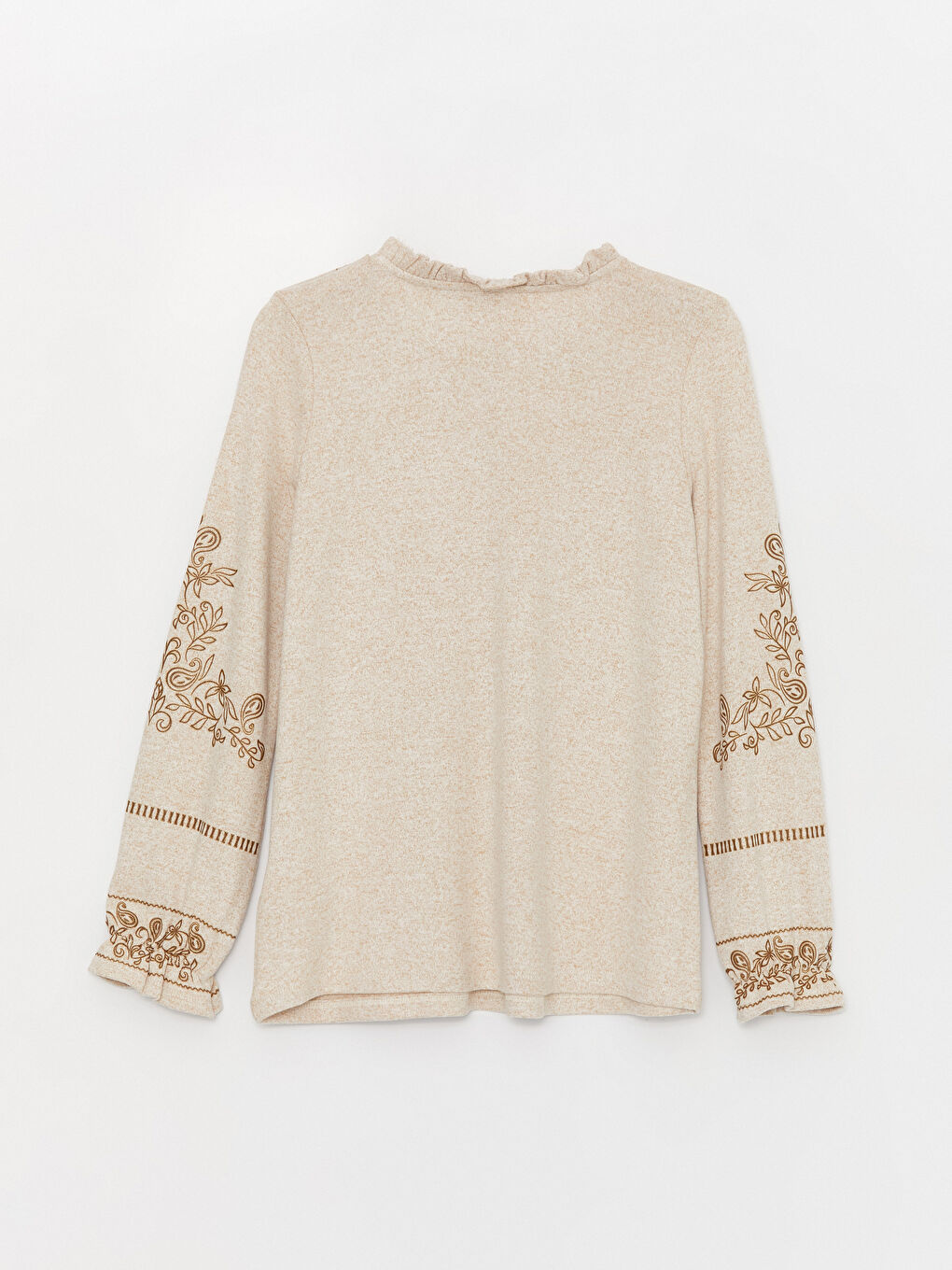 Bej Bağlamalı Yaka Desenli Uzun Kollu Kadın Bluz-6