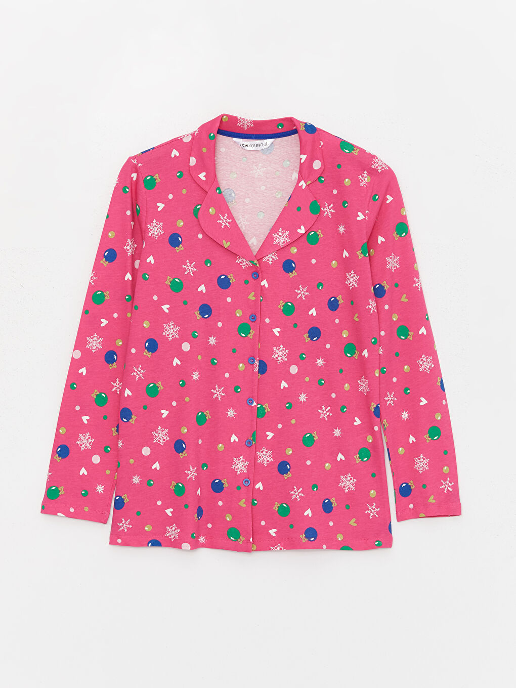 Fuşya Gömlek Yaka Desenli Kadın Pijama Üstü