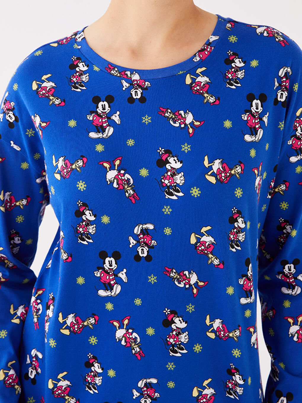 LCW Young Canlı Mavi Baskılı Bisiklet Yaka Mickey ve Arkadaşları Baskılı Uzun Kollu Kadın Pijama Takımı - 3