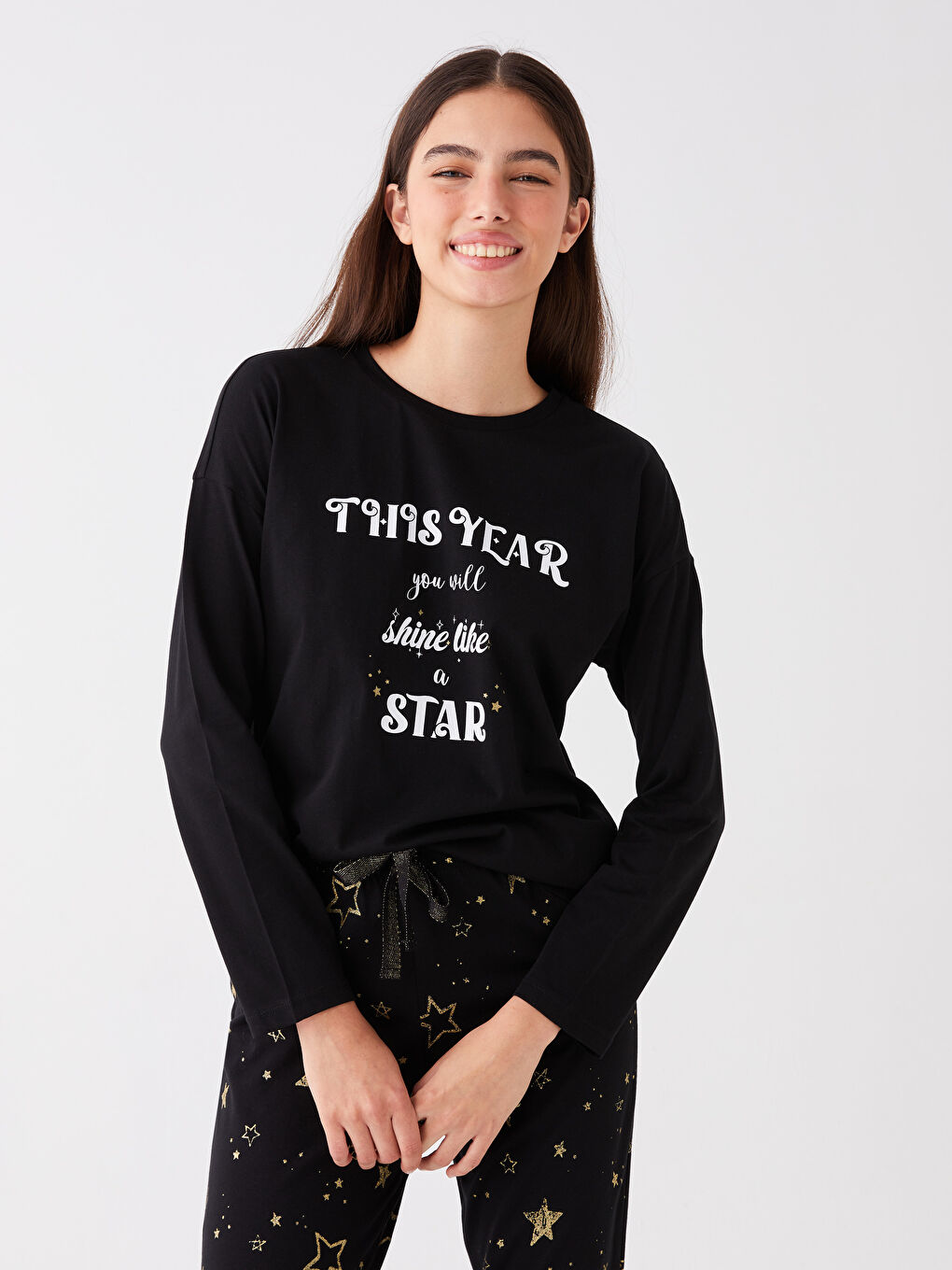 Siyah Bisiklet Yaka Yılbaşı Temalı Kadın Pijama Takımı-2