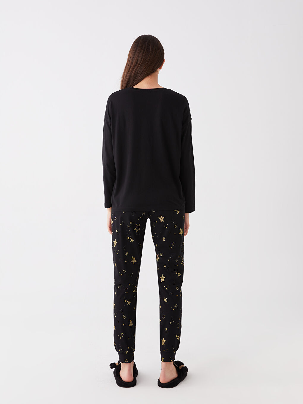 Siyah Bisiklet Yaka Yılbaşı Temalı Kadın Pijama Takımı-4