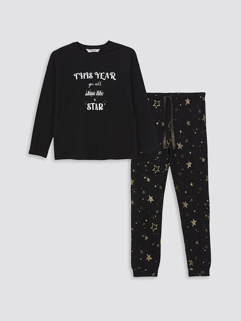 Siyah Bisiklet Yaka Yılbaşı Temalı Kadın Pijama Takımı-5