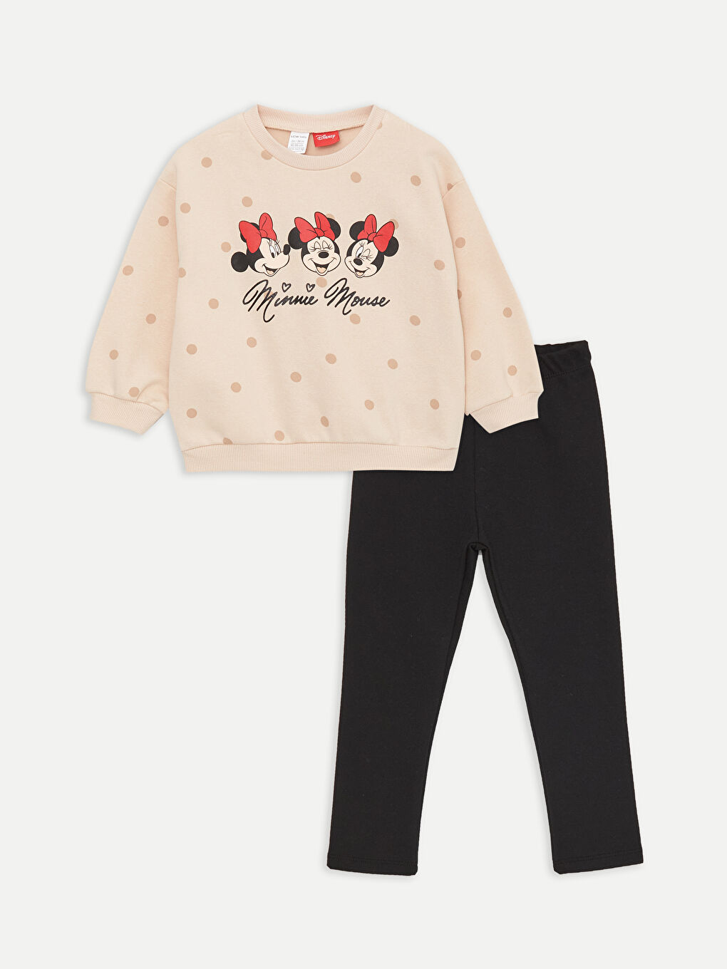 LCW baby Ekru Baskılı Bisiklet Yaka Uzun Kollu Minnie Mouse Baskılı Kız Bebek Sweatshirt ve Tayt 2'li Takım