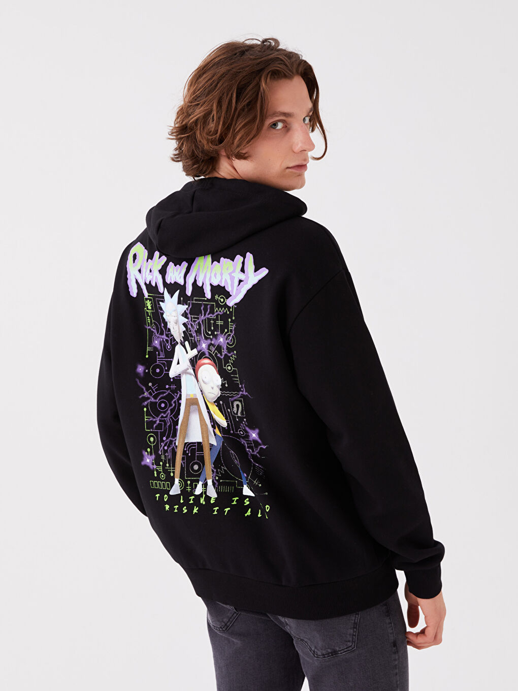 Siyah Uzun Kollu Rick and Morty Baskılı Erkek Kalın Hoodie