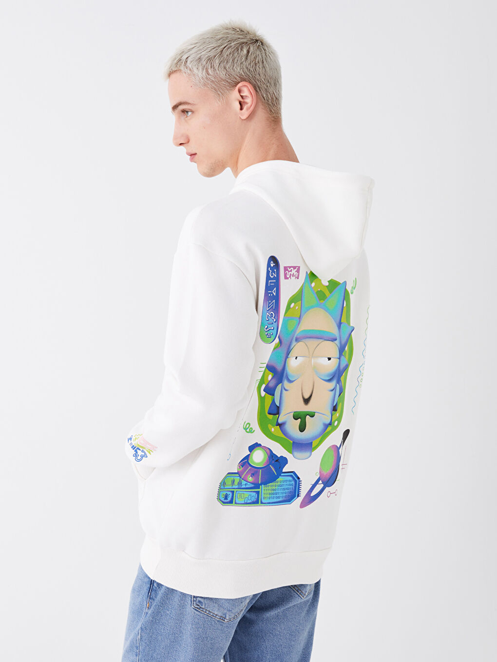 XSIDE Kırık Beyaz Uzun Kollu Rick and Morty Baskılı Erkek Hoodie