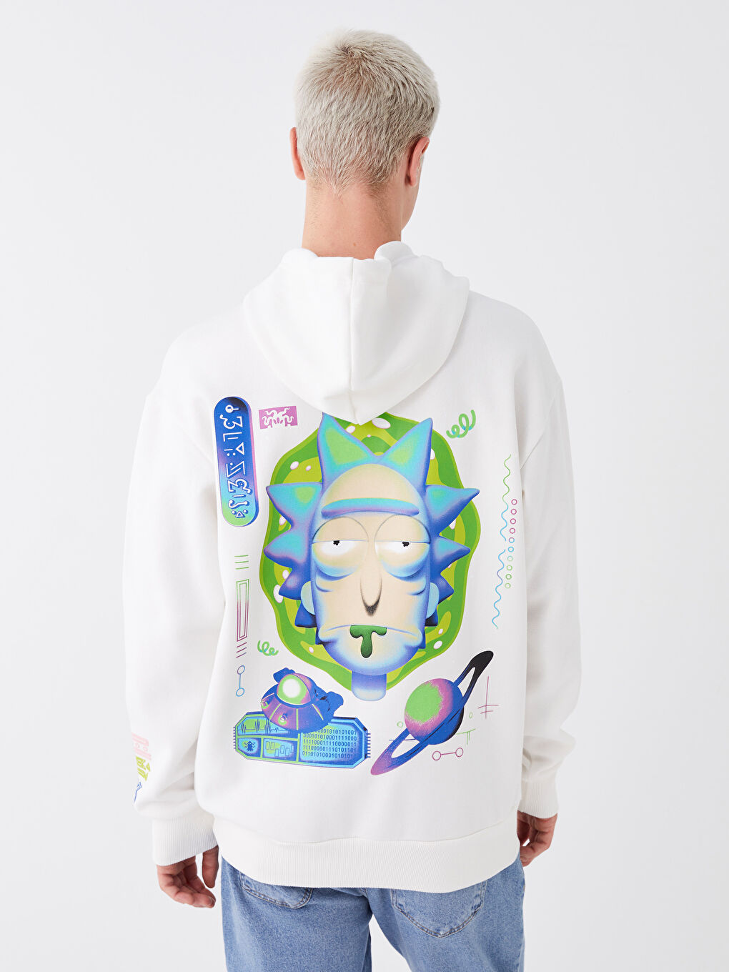 XSIDE Kırık Beyaz Uzun Kollu Rick and Morty Baskılı Erkek Hoodie - 4