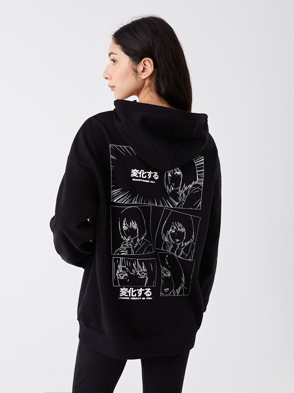 XSIDE Yeni Siyah Baskılı Oversize Kadın Kalın Hoodie