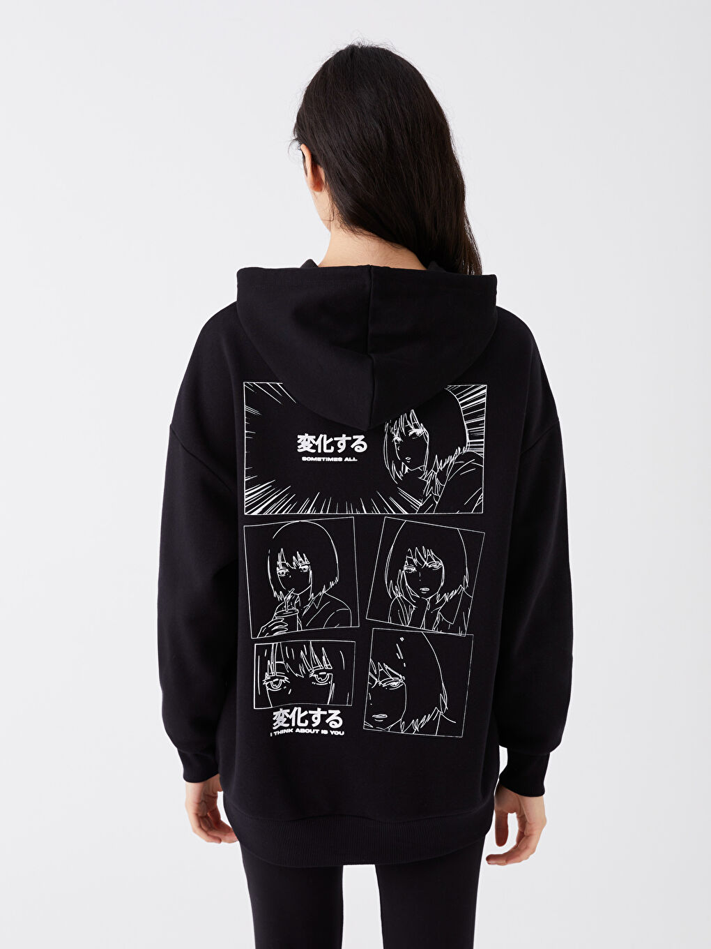 XSIDE Yeni Siyah Baskılı Oversize Kadın Kalın Hoodie - 4