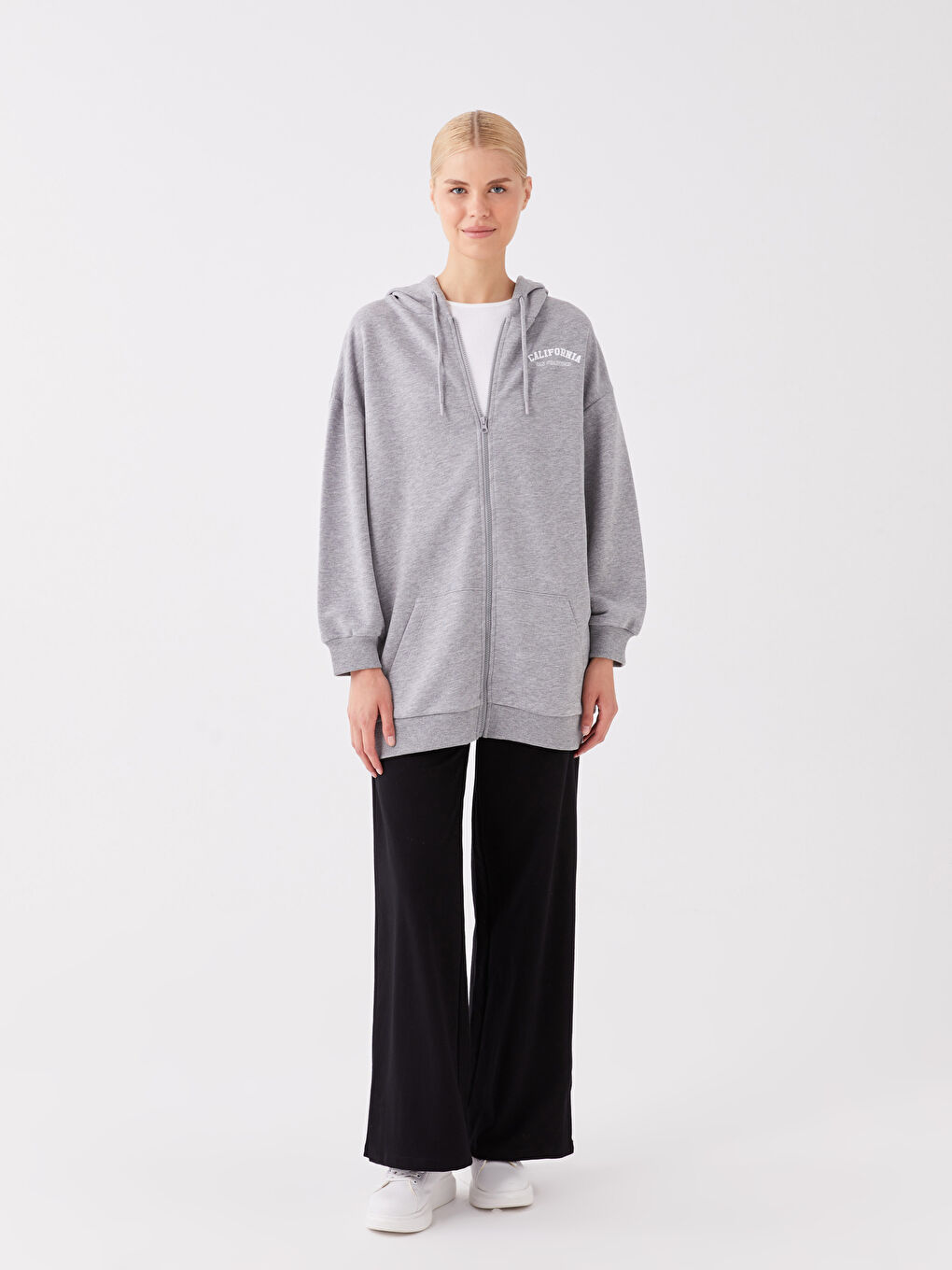 Gri Kapüşonlu Baskılı Uzun Kollu Oversize Kadın Spor Hırka-2
