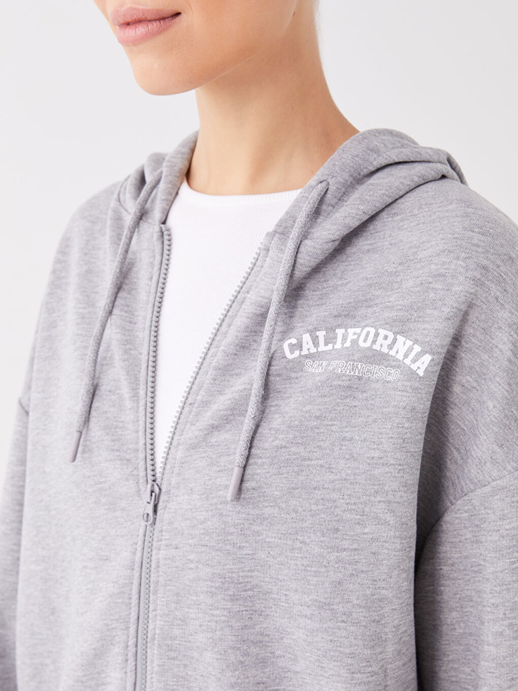 Gri Kapüşonlu Baskılı Uzun Kollu Oversize Kadın Spor Hırka-3