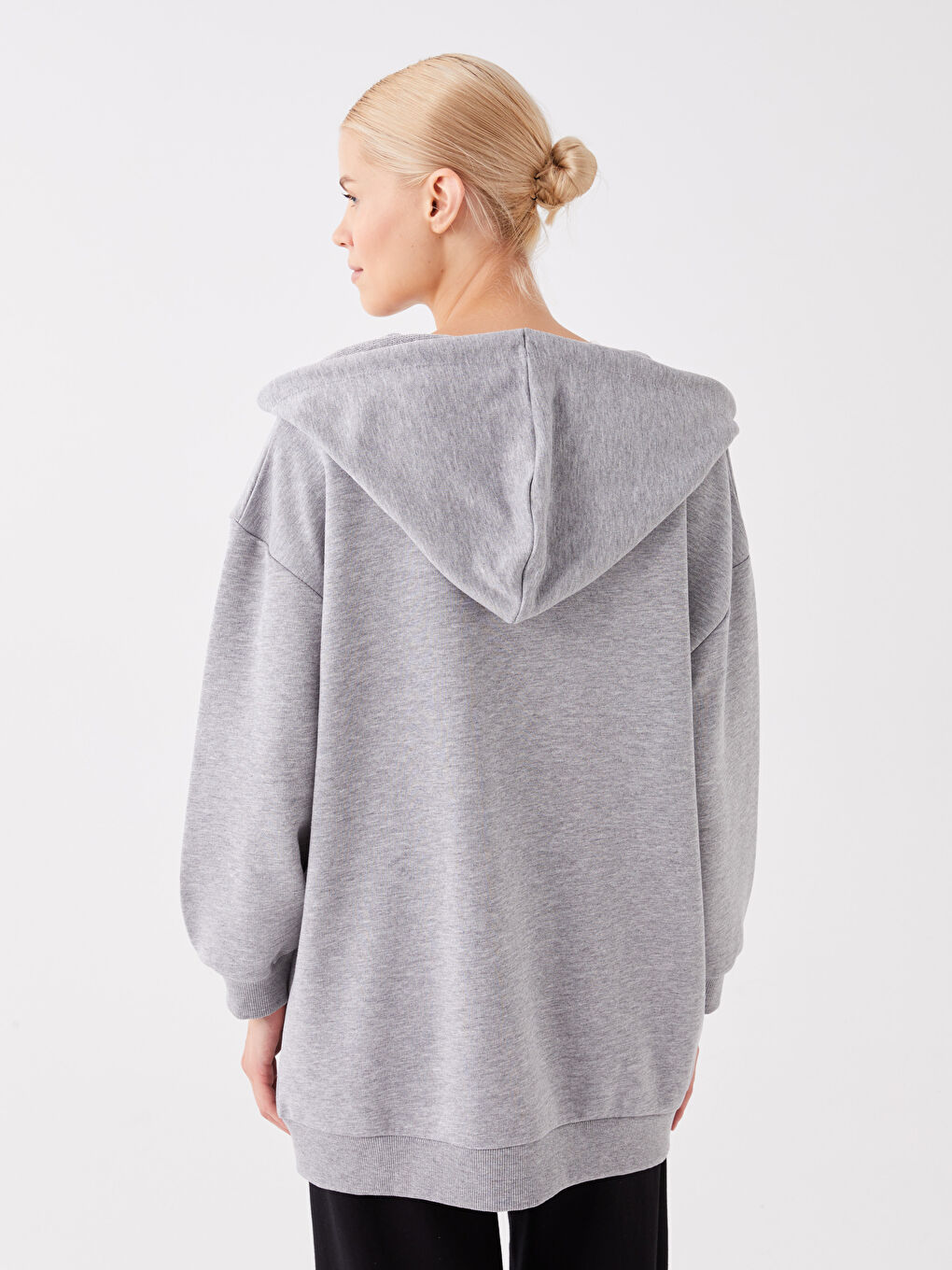 Gri Kapüşonlu Baskılı Uzun Kollu Oversize Kadın Spor Hırka-4