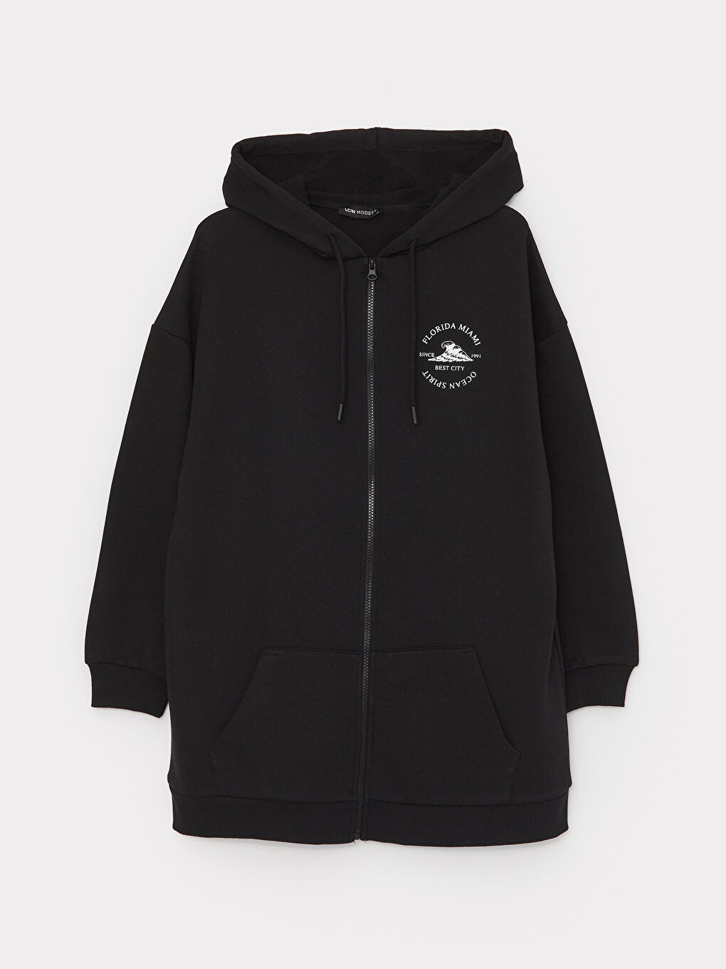 Siyah Kapüşonlu Baskılı Uzun Kollu Oversize Kadın Fermuarlı Sweatshirt-5