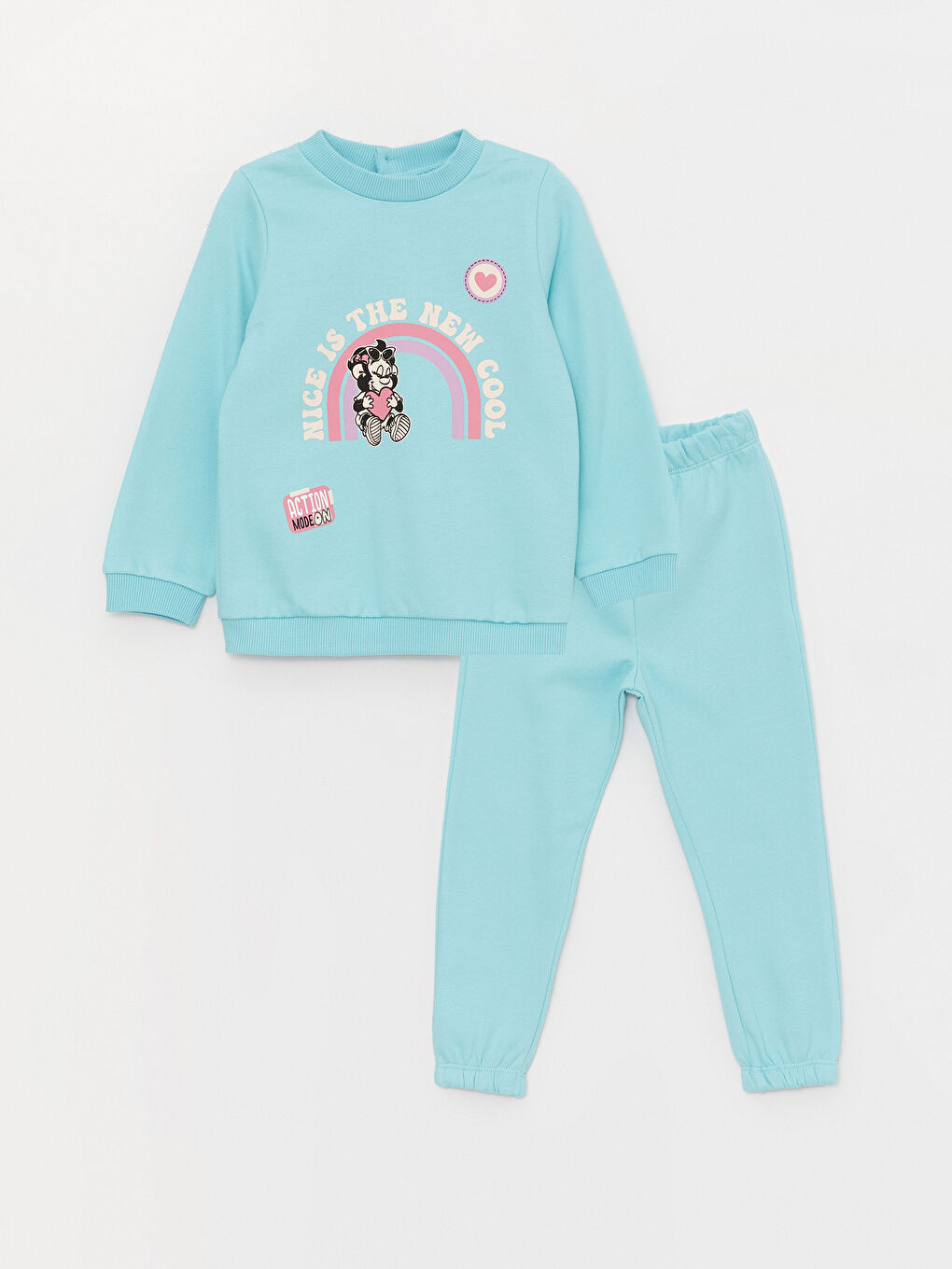 Turkuaz Bisiklet Yaka Uzun Kollu Kız Bebek Sweatshirt ve Pantolon 2'li Takım