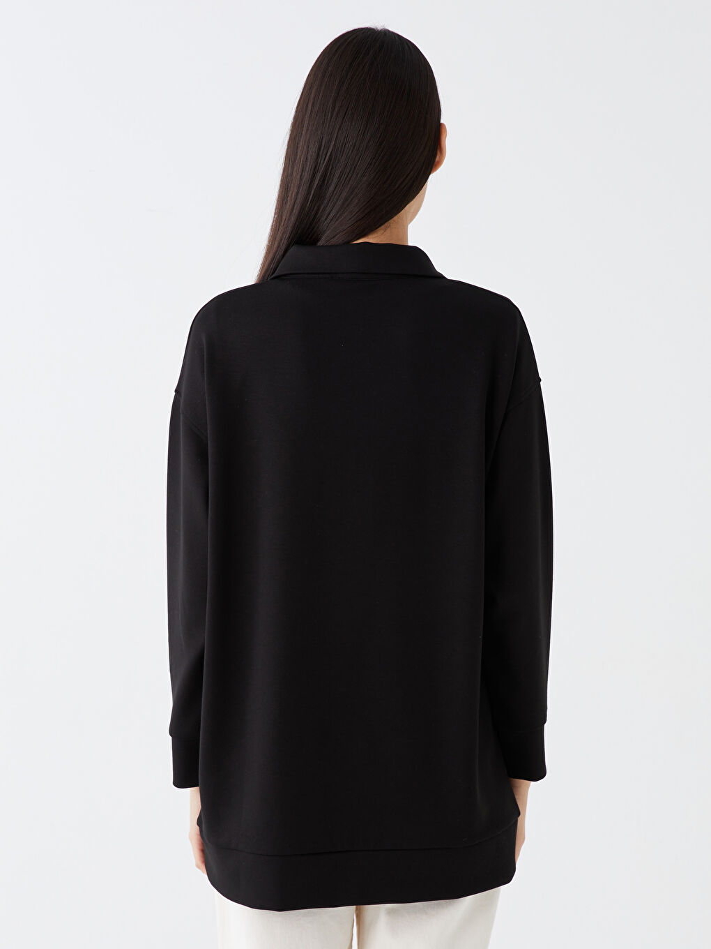 Siyah Dik Yaka Düz Uzun Kollu Kadın Tunik-4