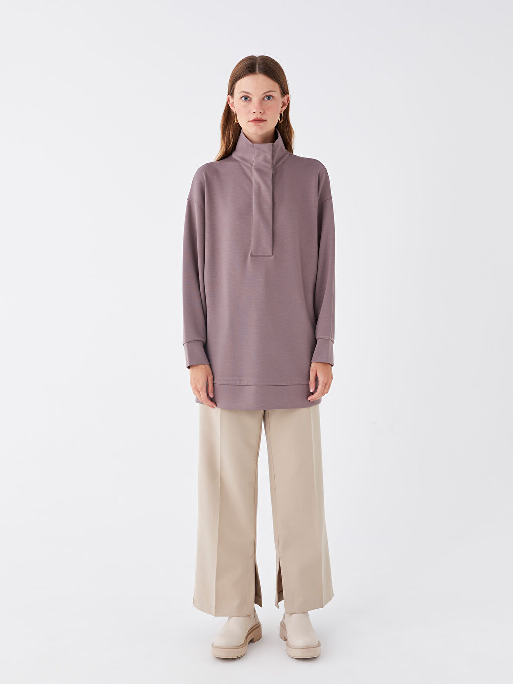 Mürdüm Dik Yaka Düz Uzun Kollu Kadın Tunik-2