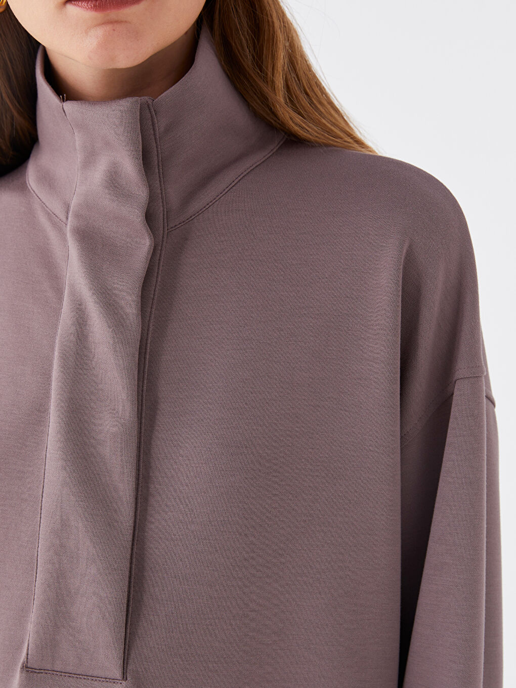 Mürdüm Dik Yaka Düz Uzun Kollu Kadın Tunik-3