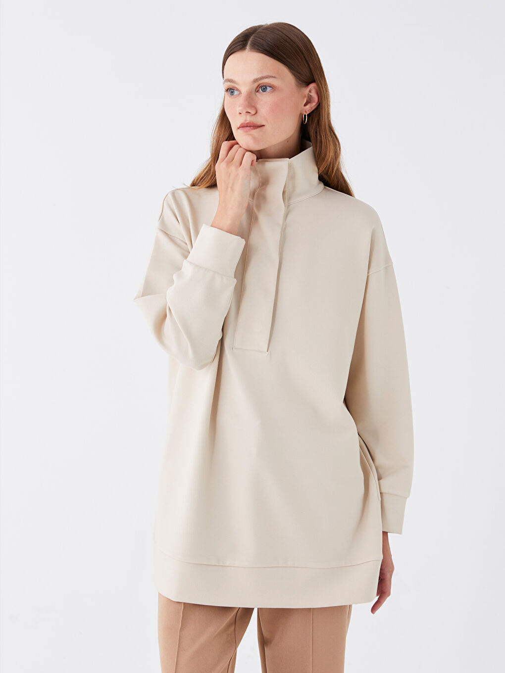 تونيك كم طويل سادة بياقة قمع للسيدات