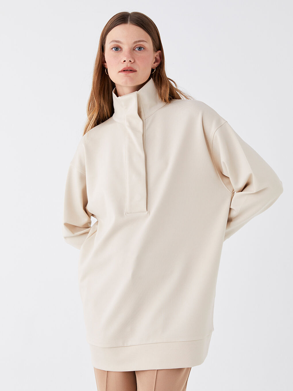 تونيك كم طويل سادة بياقة قمع للسيدات-1