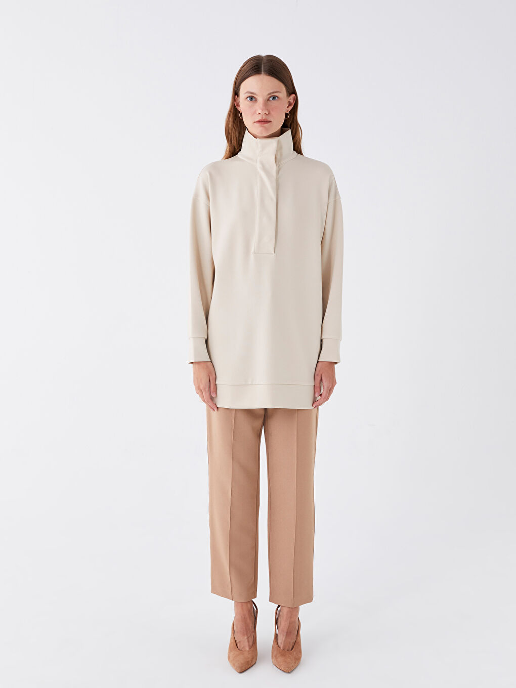 تونيك كم طويل سادة بياقة قمع للسيدات-2