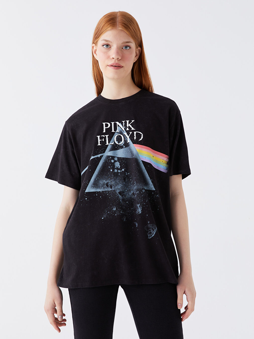 XSIDE Yeni Siyah Bisiklet Yaka Pink Floyd Baskılı Kısa Kollu Kadın Tişört