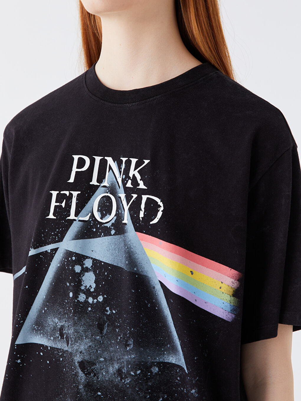 XSIDE Yeni Siyah Bisiklet Yaka Pink Floyd Baskılı Kısa Kollu Kadın Tişört - 3