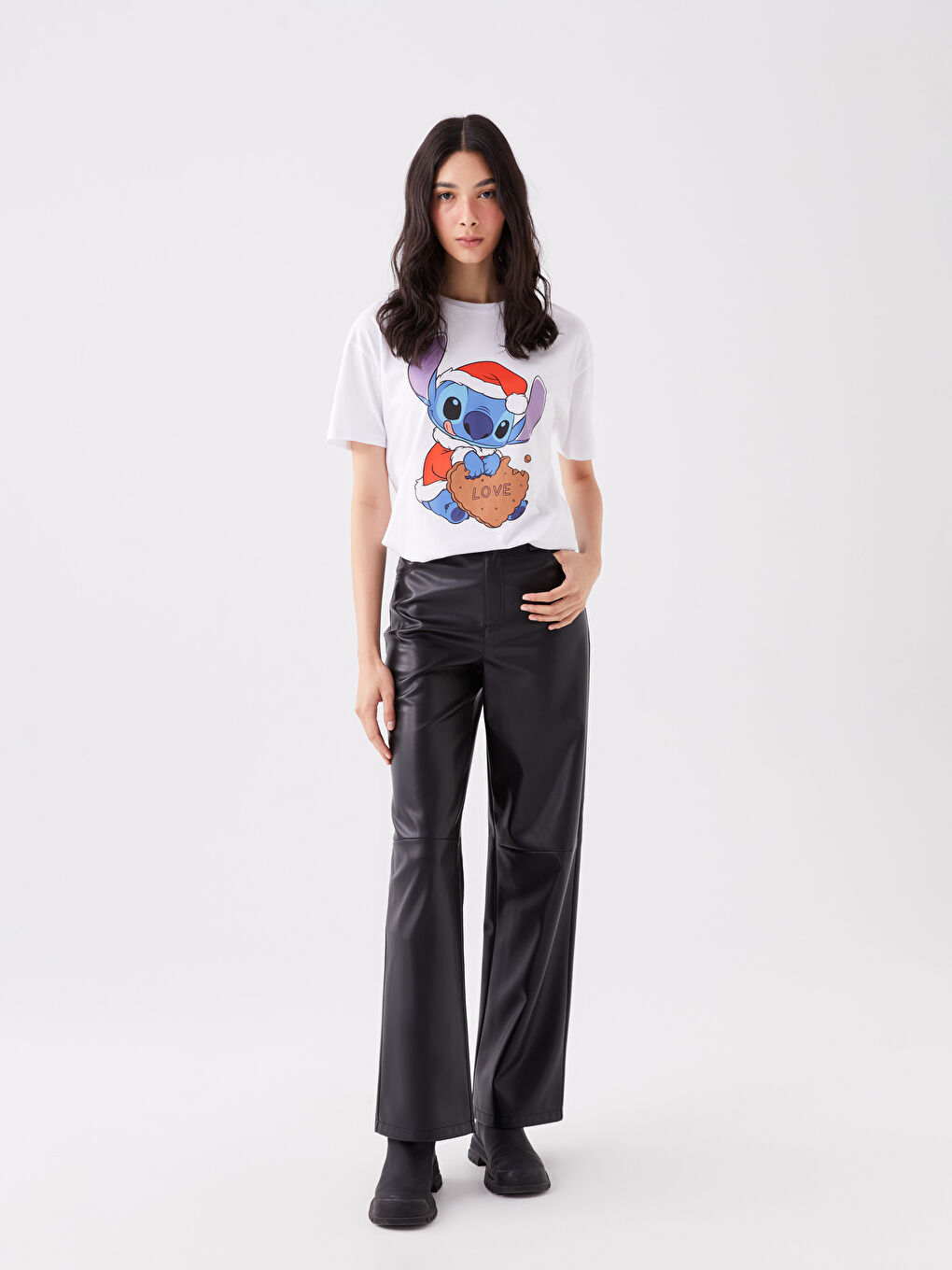 Schlanke Passform Gerade Weite Beine Lederoptik Hosen für Damen-1