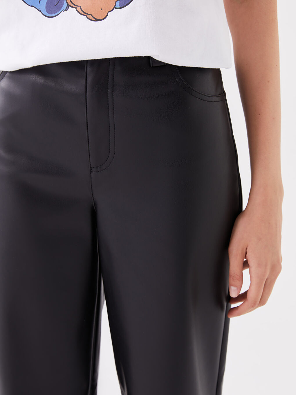 Schlanke Passform Gerade Weite Beine Lederoptik Hosen für Damen-2