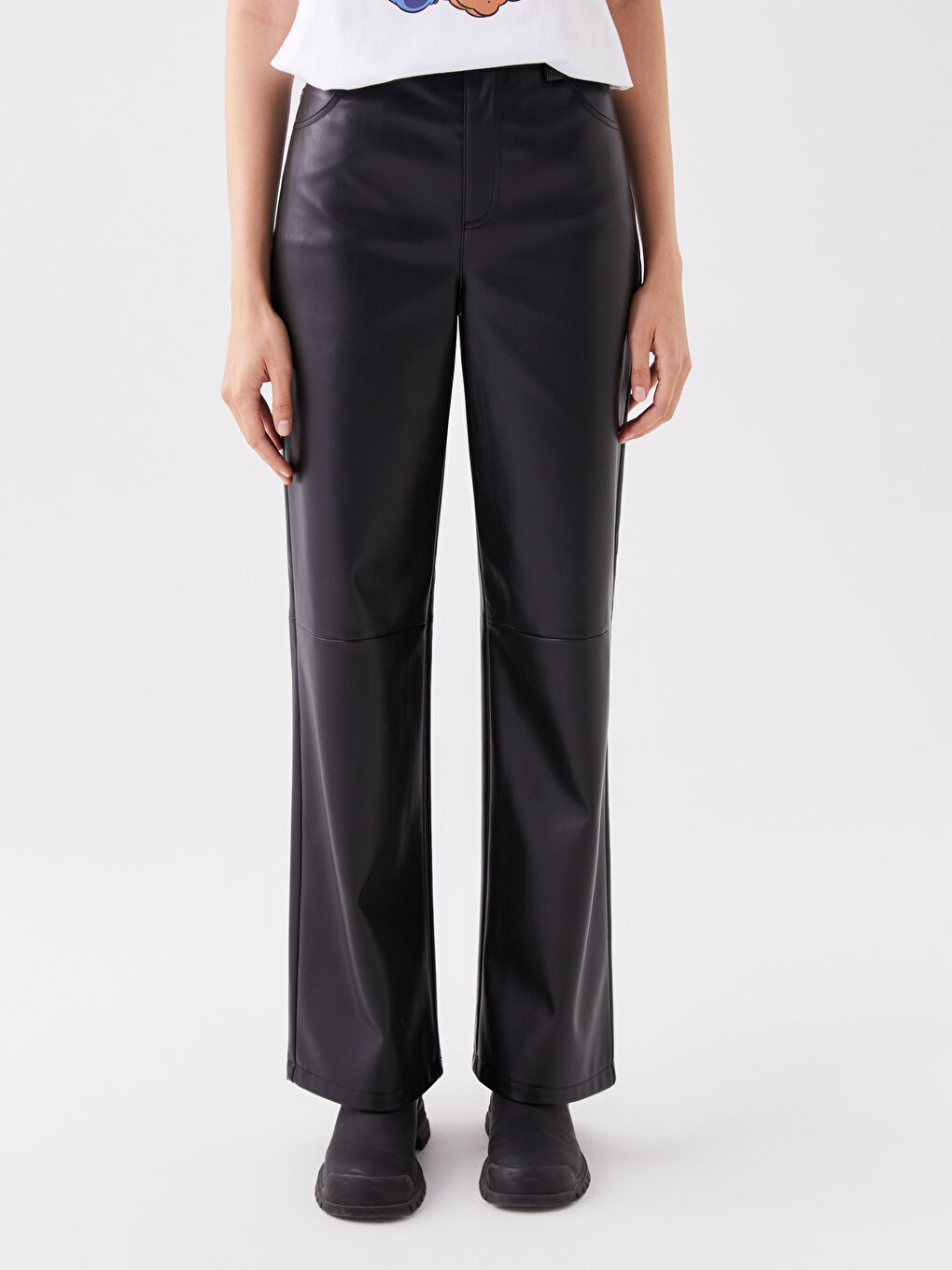 Schlanke Passform Gerade Weite Beine Lederoptik Hosen für Damen-3