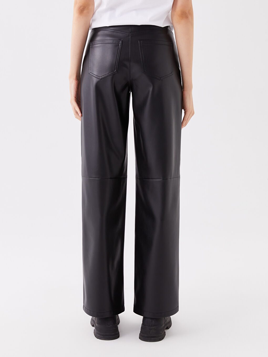 Schlanke Passform Gerade Weite Beine Lederoptik Hosen für Damen-4