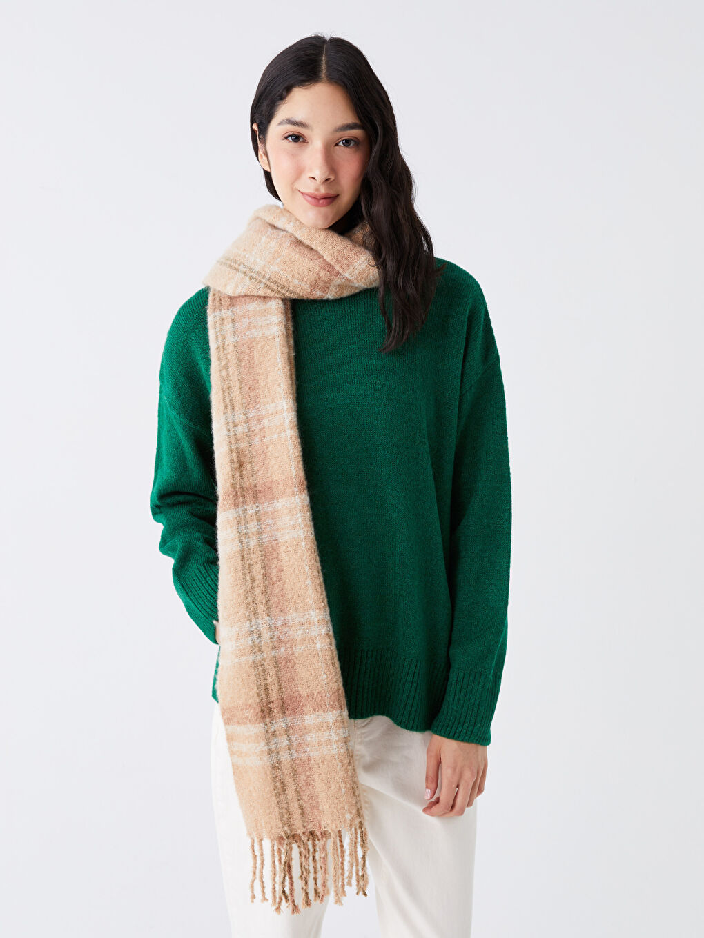 Saçaklı Ekose Desenli Kadın Atkı