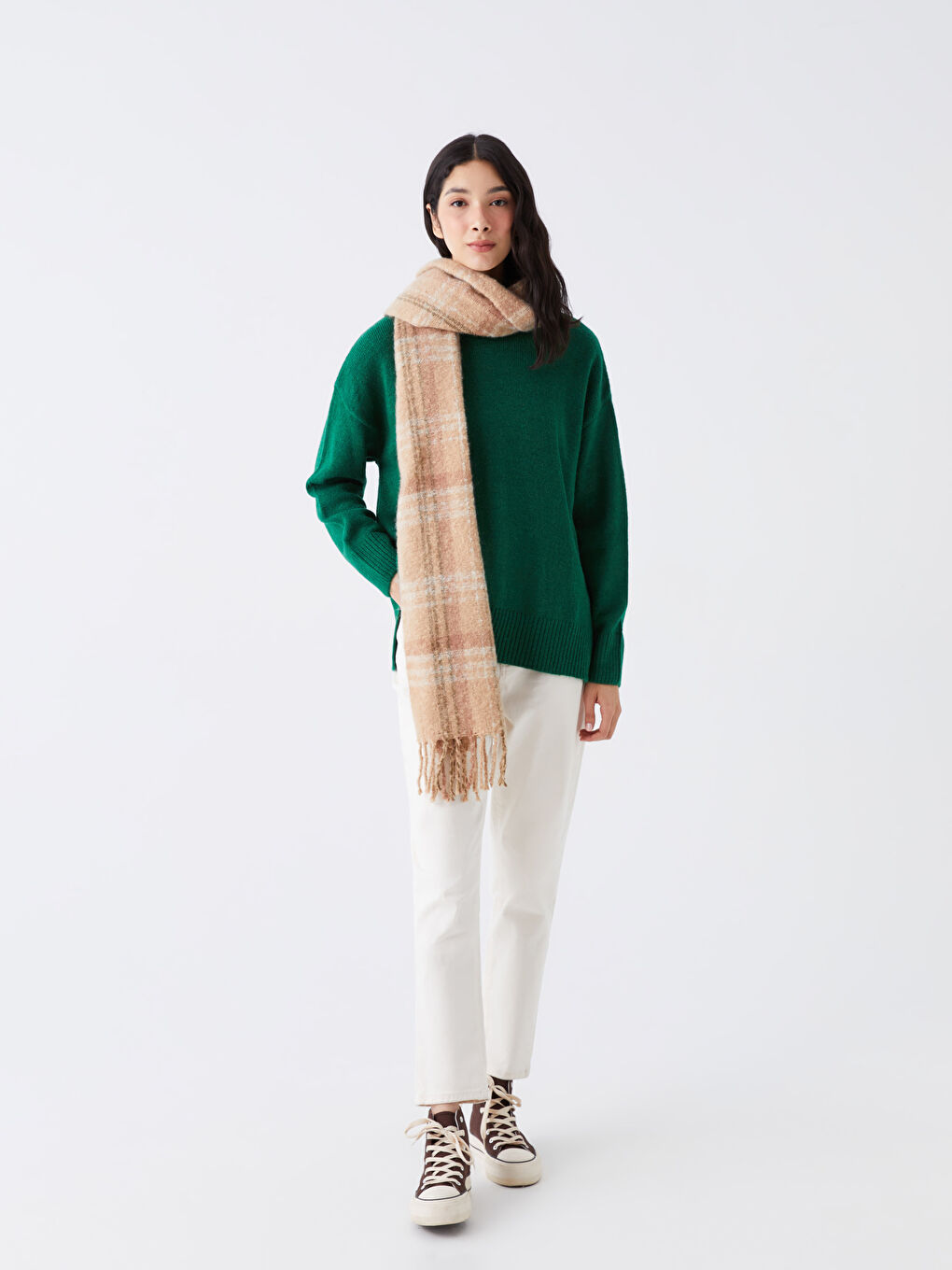 Saçaklı Ekose Desenli Kadın Atkı-2