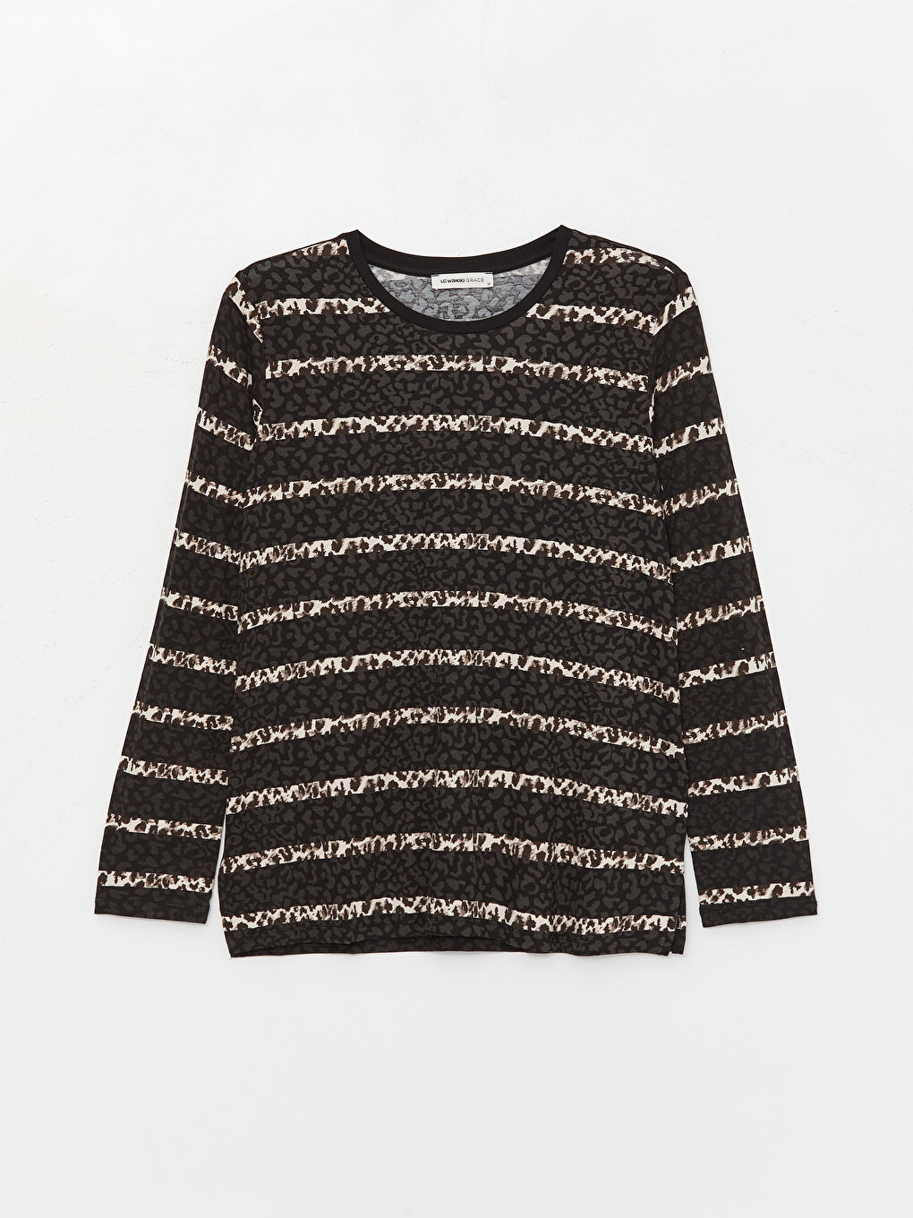 Bej Bisiklet Yaka Desenli Uzun Kollu Kadın Bluz-5