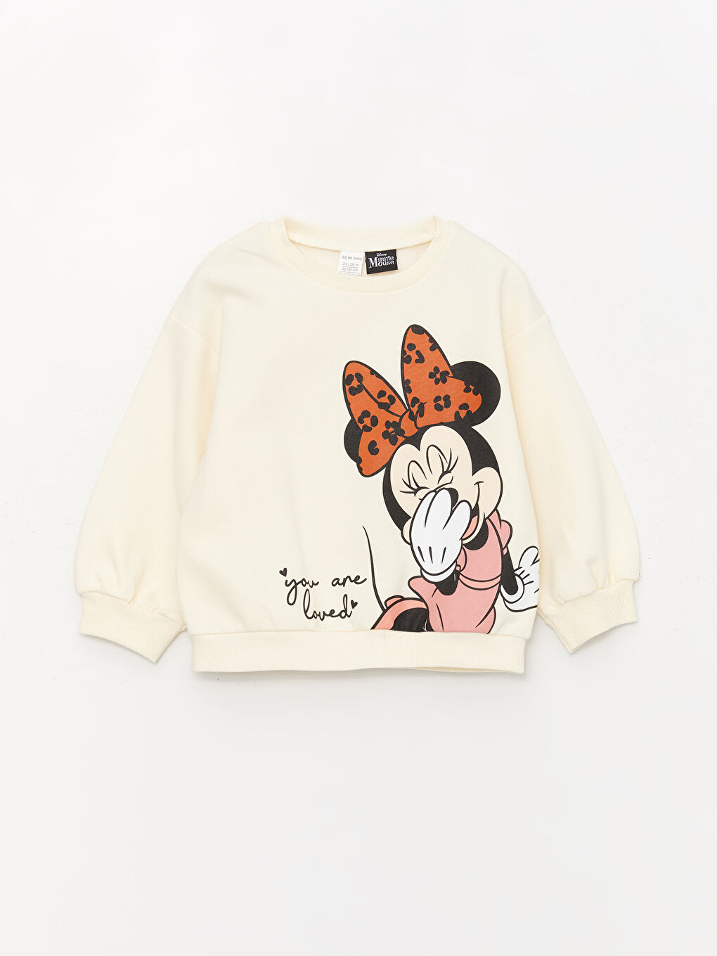 LCW baby Krem Rengi Bisiklet Yaka Minnie Mouse Baskılı Kız Bebek Sweatshirt