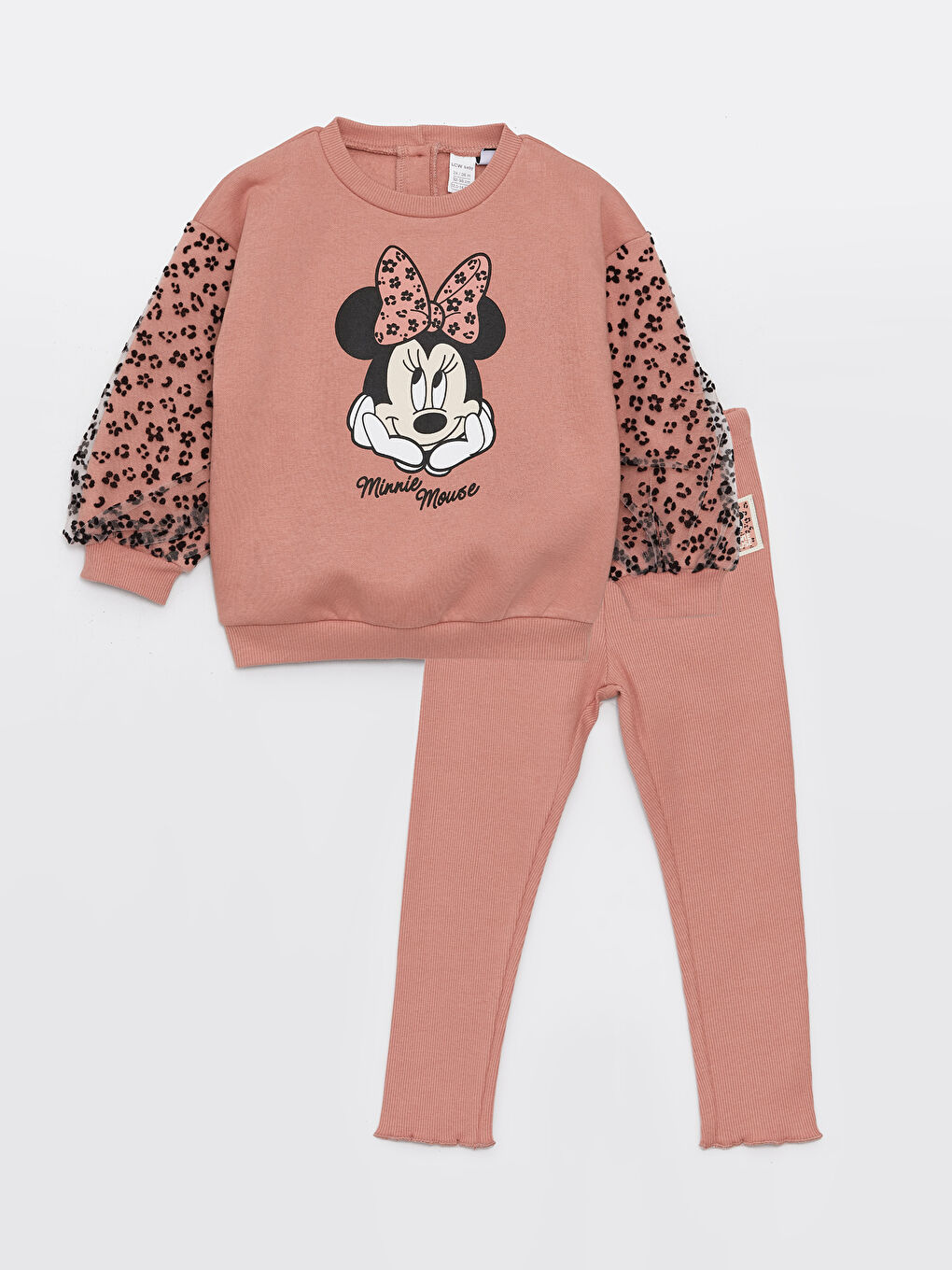 LCW baby Mat Pembe Bisiklet Yaka Uzun Kollu Minnie Mouse Baskılı Kız Bebek Sweatshirt ve Tayt 2'li Takım