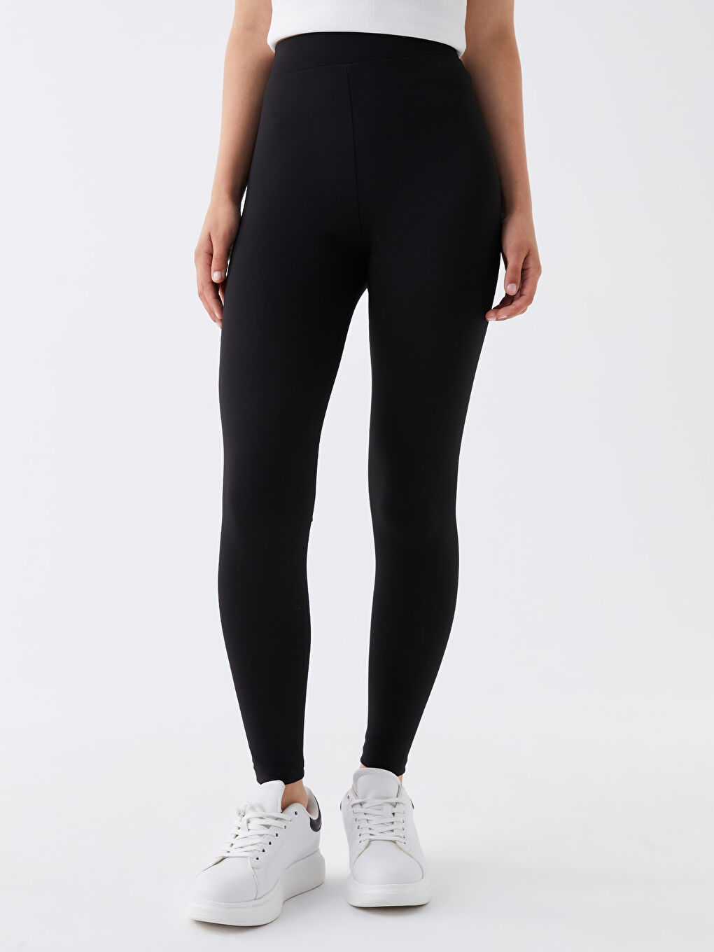 Siyah Kadın Beli Lastikli Düz Tayt-3