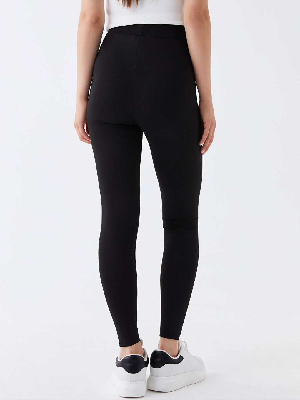 Siyah Kadın Beli Lastikli Düz Tayt-4