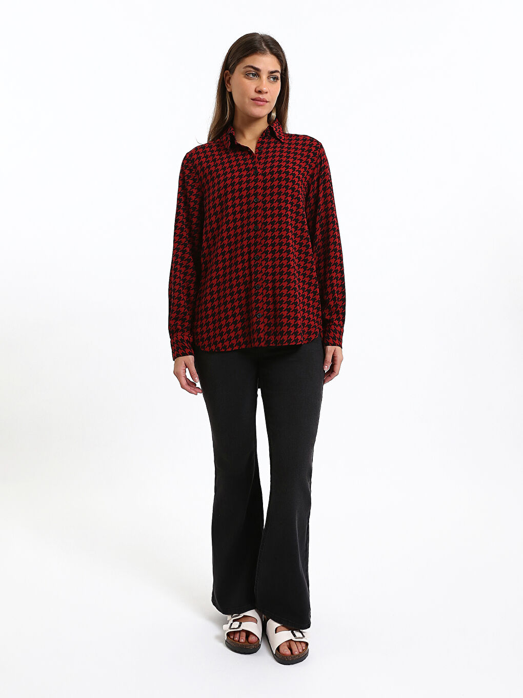 قميص نسائي كم طويل منقوش-1