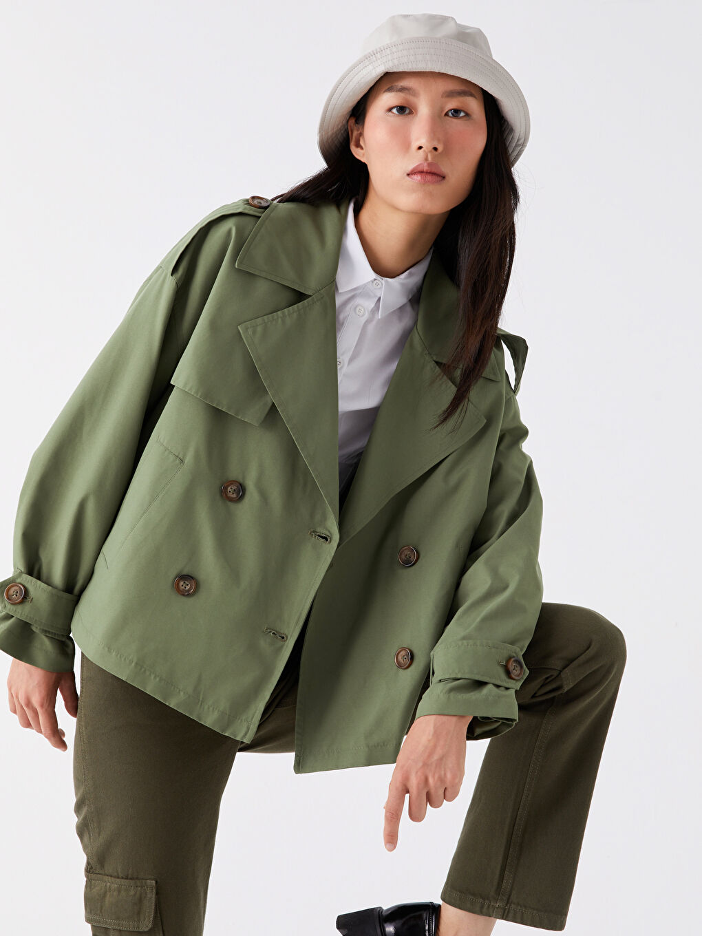 Haki Ceket Yaka Düz Uzun Kollu Kadın Trençkot
